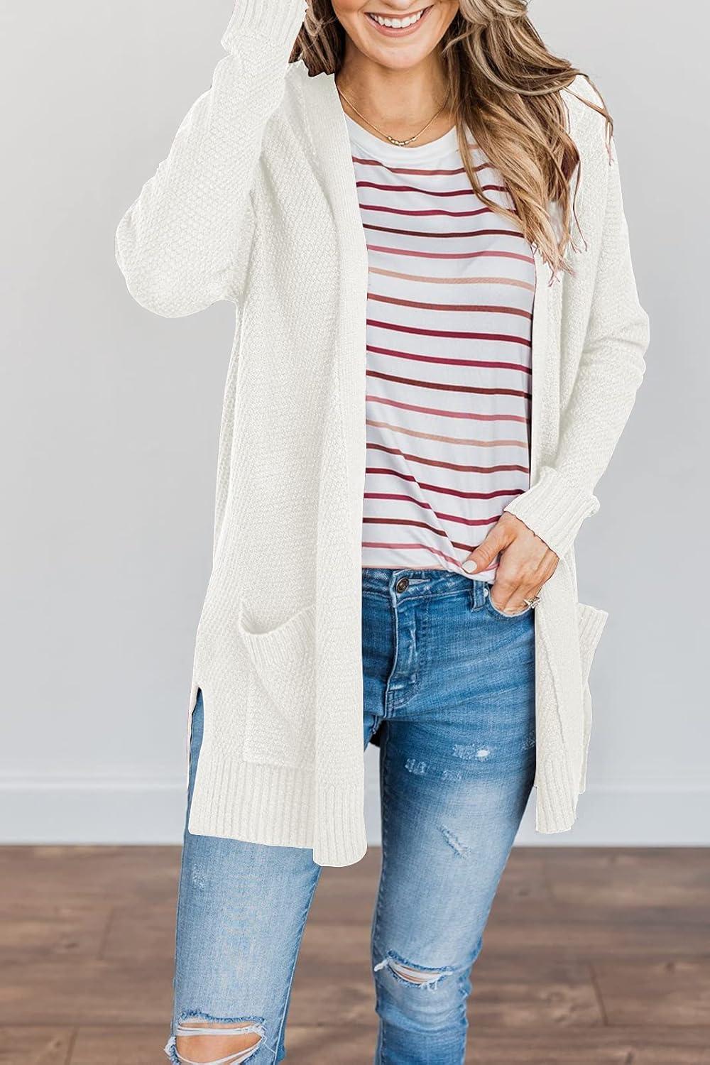 imageMEROKEETY Womens Long Sleeve Cardigan Sweaters Open Front Waffle Knit Cozy Sweater Coat with PocketsWhite