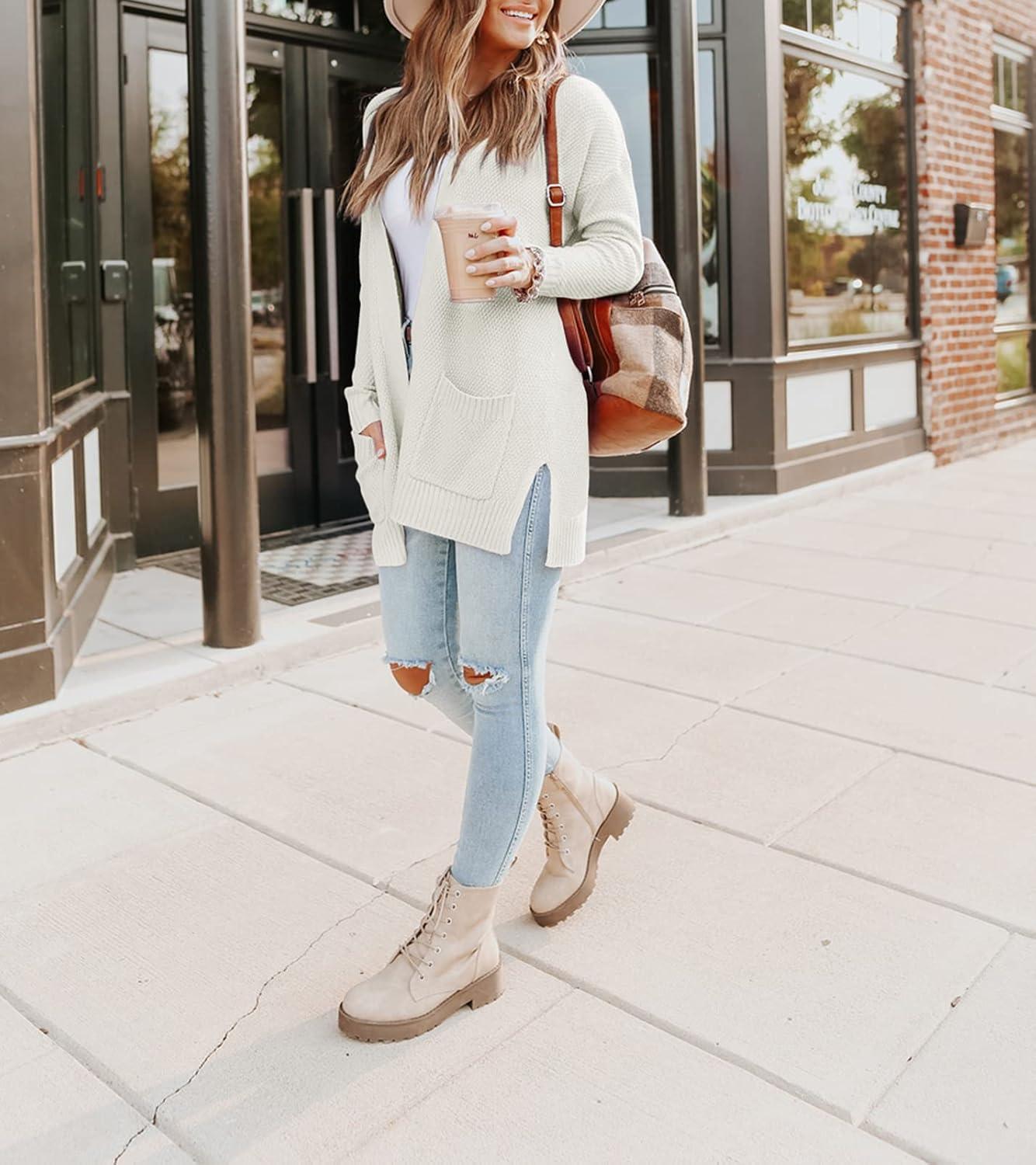 imageMEROKEETY Womens Long Sleeve Cardigan Sweaters Open Front Waffle Knit Cozy Sweater Coat with PocketsWhite