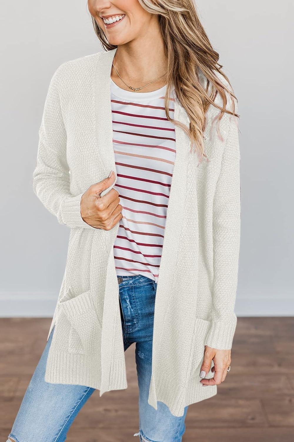 imageMEROKEETY Womens Long Sleeve Cardigan Sweaters Open Front Waffle Knit Cozy Sweater Coat with PocketsWhite