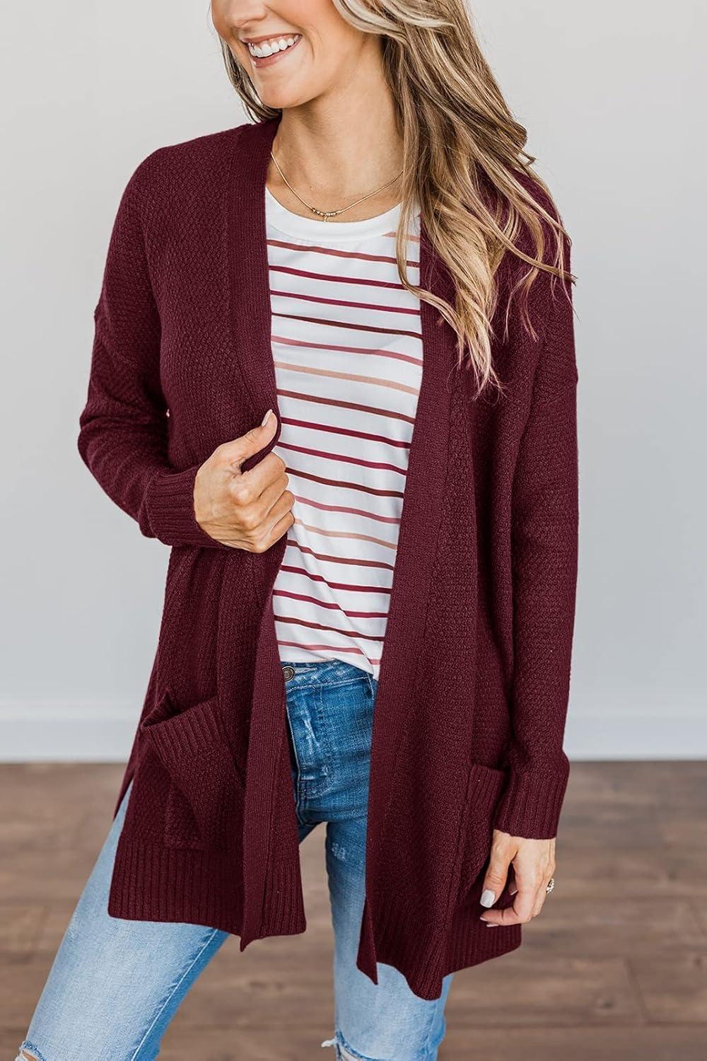 imageMEROKEETY Womens Long Sleeve Cardigan Sweaters Open Front Waffle Knit Cozy Sweater Coat with PocketsWine