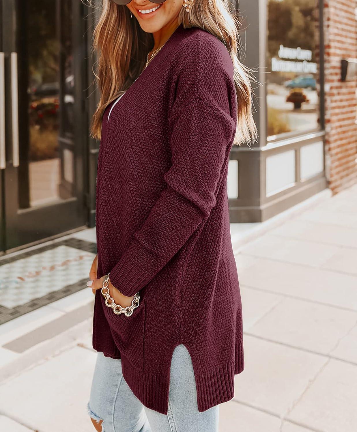 imageMEROKEETY Womens Long Sleeve Cardigan Sweaters Open Front Waffle Knit Cozy Sweater Coat with PocketsWine