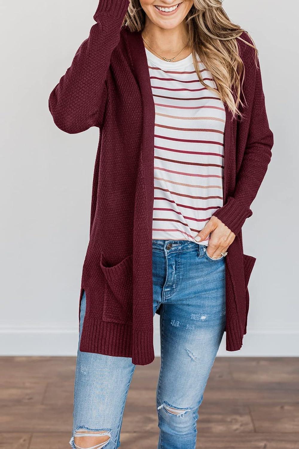 imageMEROKEETY Womens Long Sleeve Cardigan Sweaters Open Front Waffle Knit Cozy Sweater Coat with PocketsWine
