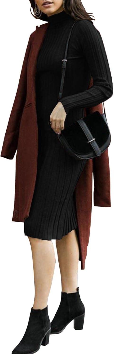 imageMEROKEETY Womens Long Sleeve Sweater Dress 2025 High Neck Slim Fit Ribbed Knit Midi Winter DressesBlack