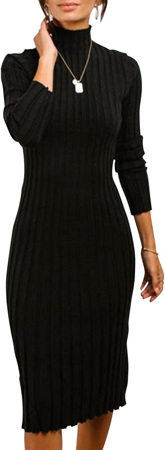 imageMEROKEETY Womens Long Sleeve Sweater Dress 2025 High Neck Slim Fit Ribbed Knit Midi Winter DressesBlack