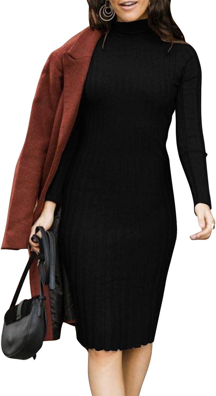imageMEROKEETY Womens Long Sleeve Sweater Dress 2025 High Neck Slim Fit Ribbed Knit Midi Winter DressesBlack