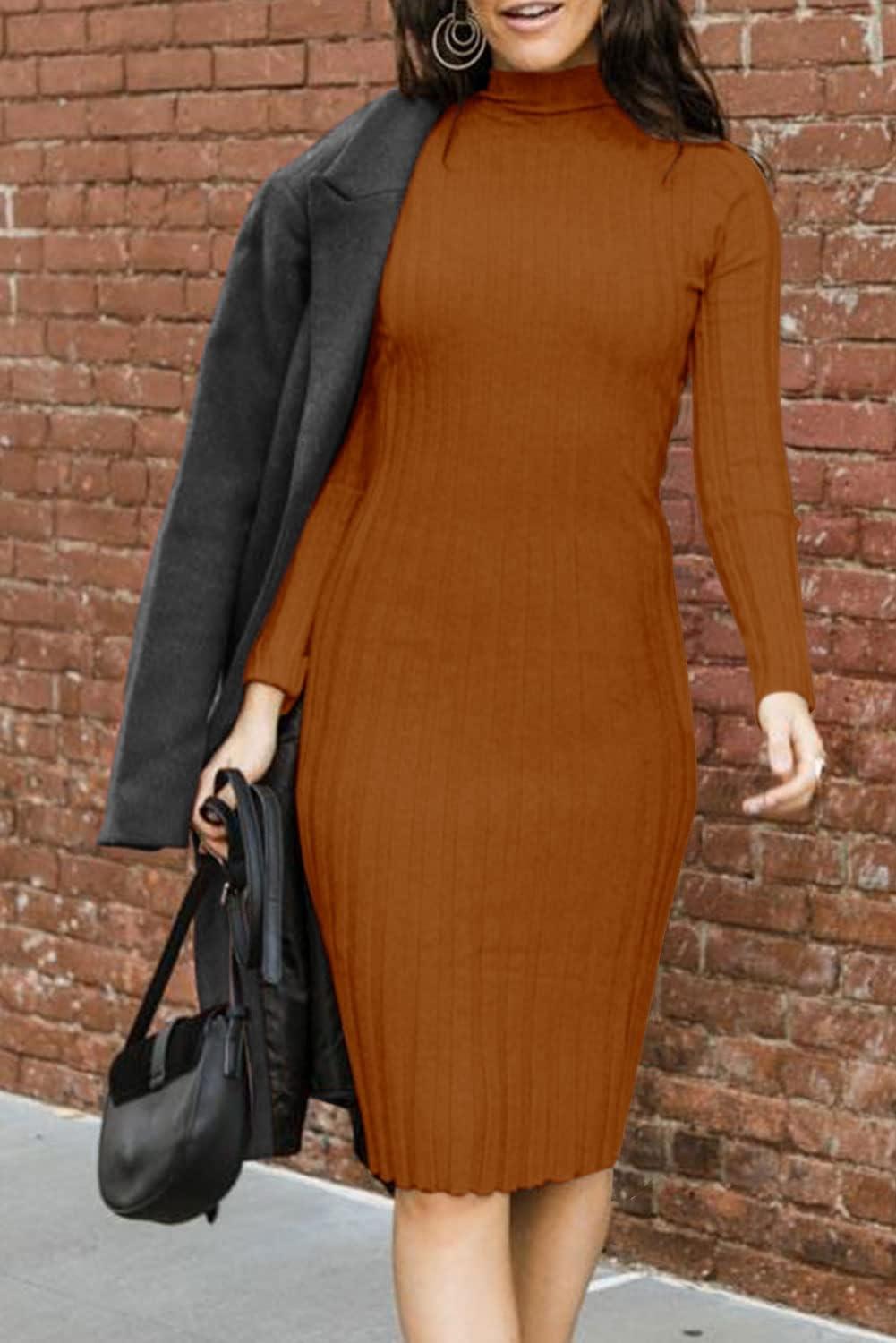 imageMEROKEETY Womens Long Sleeve Sweater Dress 2025 High Neck Slim Fit Ribbed Knit Midi Winter DressesBrown