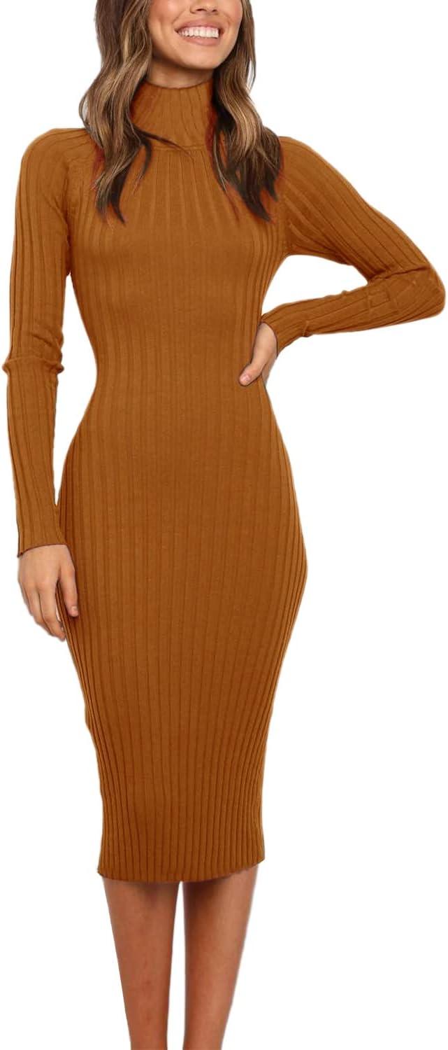 imageMEROKEETY Womens Long Sleeve Sweater Dress 2025 High Neck Slim Fit Ribbed Knit Midi Winter DressesBrown