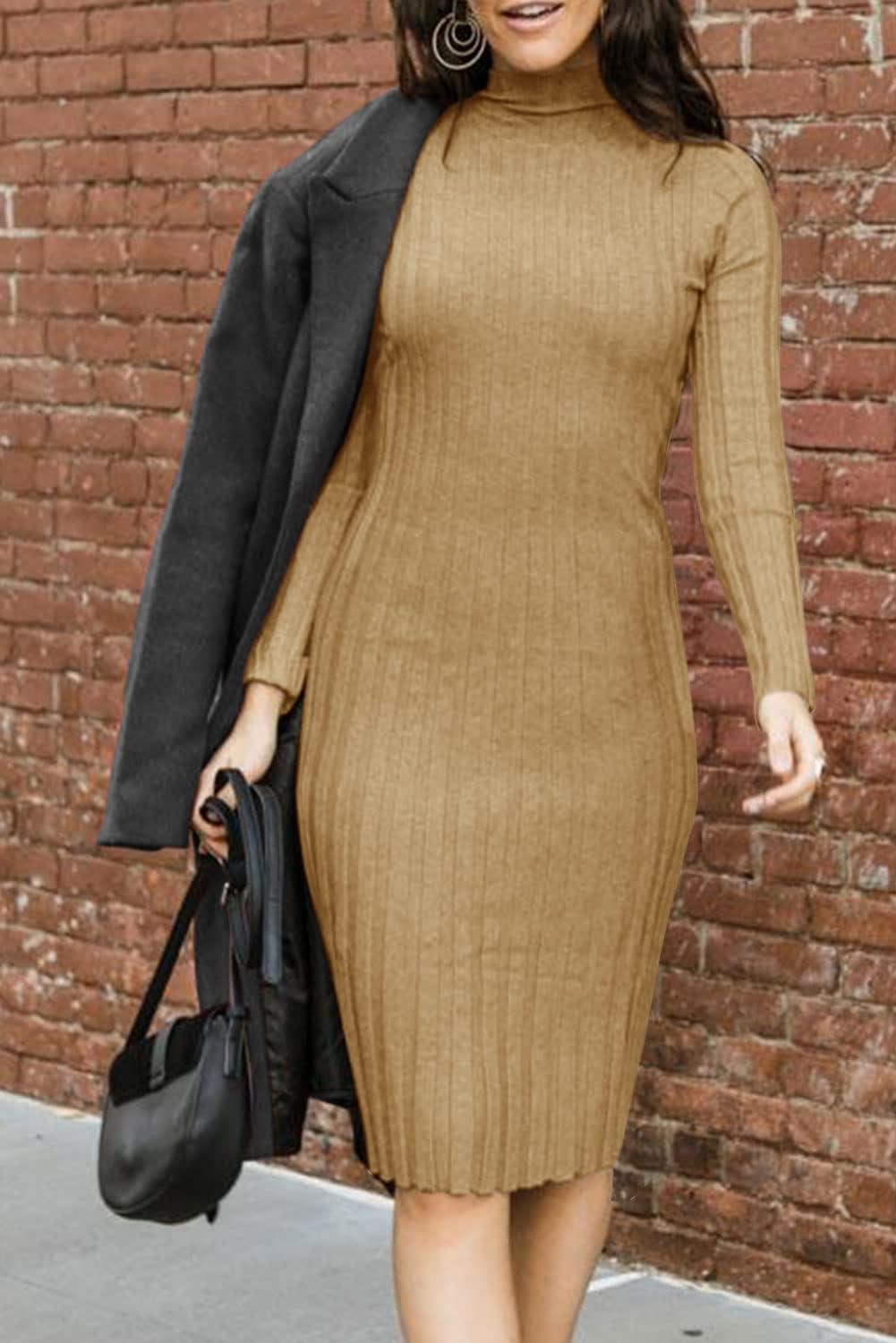imageMEROKEETY Womens Long Sleeve Sweater Dress 2025 High Neck Slim Fit Ribbed Knit Midi Winter DressesCamel Color