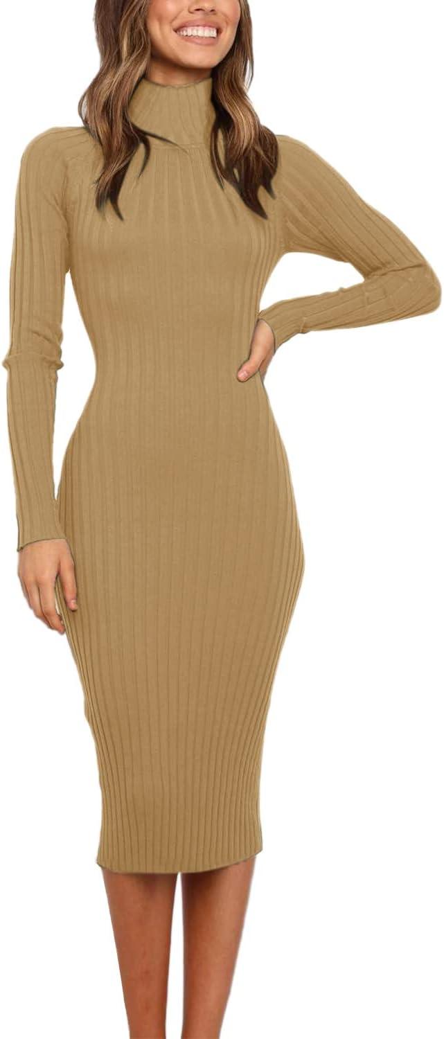 imageMEROKEETY Womens Long Sleeve Sweater Dress 2025 High Neck Slim Fit Ribbed Knit Midi Winter DressesCamel Color