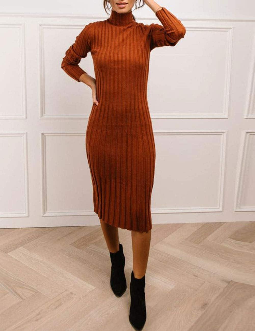 imageMEROKEETY Womens Long Sleeve Sweater Dress 2025 High Neck Slim Fit Ribbed Knit Midi Winter DressesCaramel