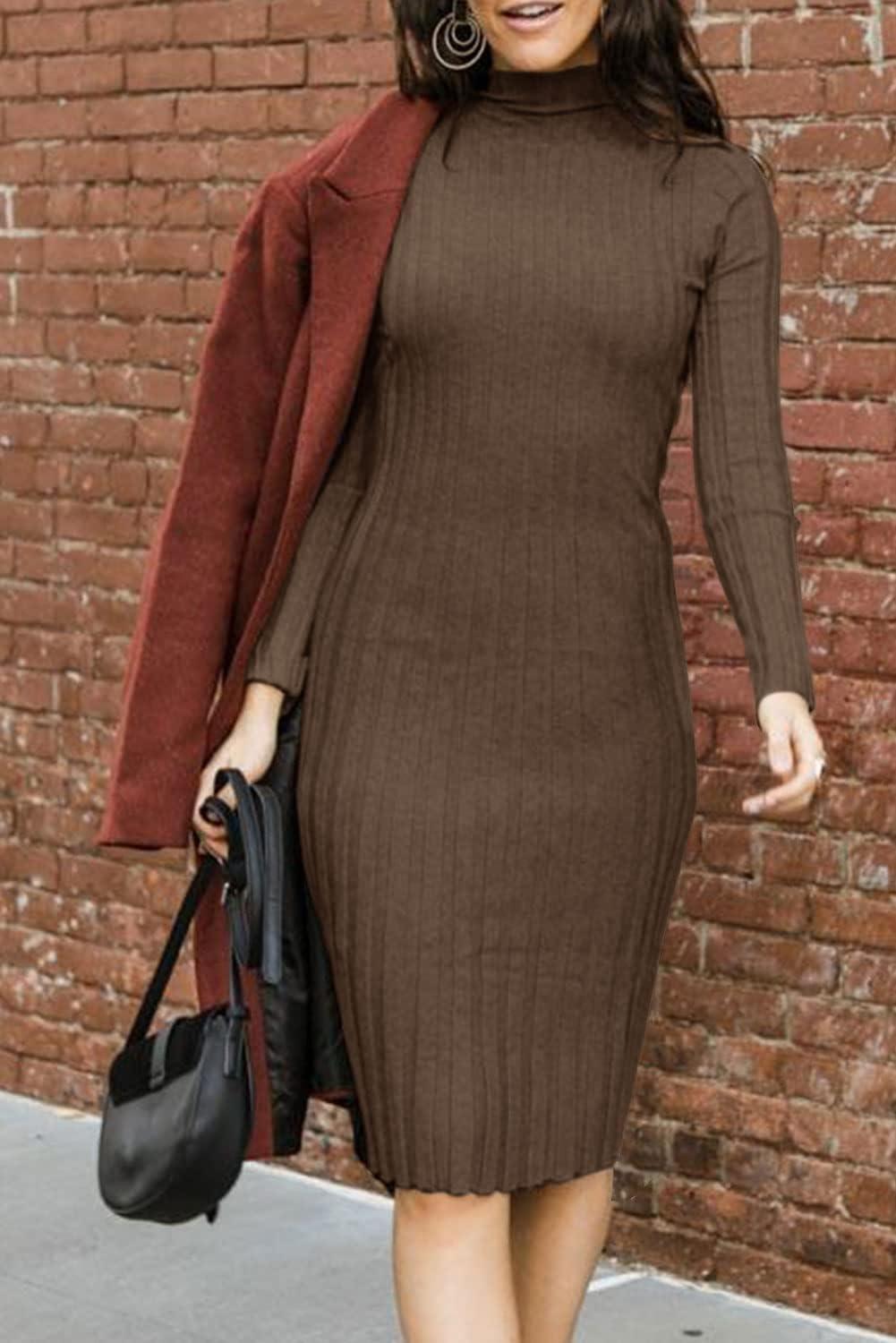 imageMEROKEETY Womens Long Sleeve Sweater Dress 2025 High Neck Slim Fit Ribbed Knit Midi Winter DressesCoffee