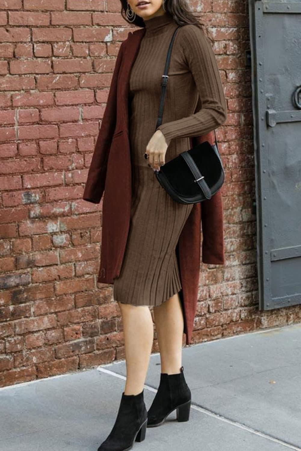 imageMEROKEETY Womens Long Sleeve Sweater Dress 2025 High Neck Slim Fit Ribbed Knit Midi Winter DressesCoffee