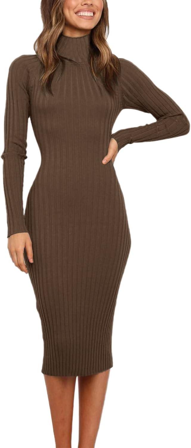 imageMEROKEETY Womens Long Sleeve Sweater Dress 2025 High Neck Slim Fit Ribbed Knit Midi Winter DressesCoffee