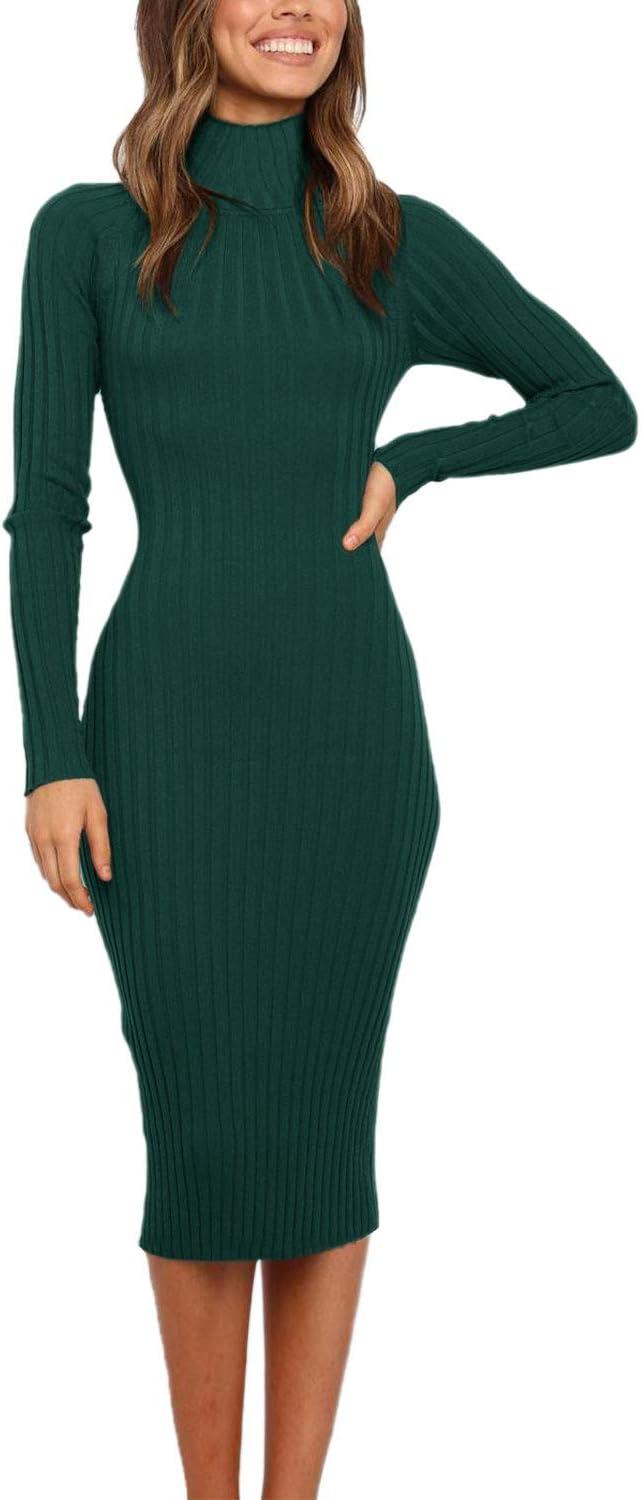 imageMEROKEETY Womens Long Sleeve Sweater Dress 2025 High Neck Slim Fit Ribbed Knit Midi Winter DressesGreen