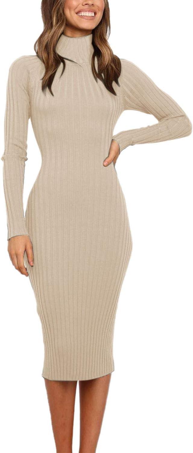 imageMEROKEETY Womens Long Sleeve Sweater Dress 2025 High Neck Slim Fit Ribbed Knit Midi Winter DressesKhaki