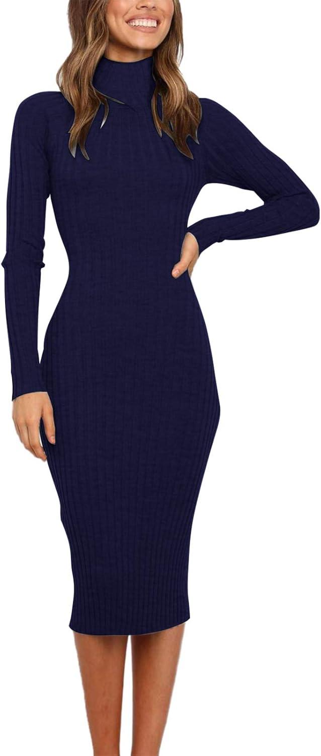 imageMEROKEETY Womens Long Sleeve Sweater Dress 2025 High Neck Slim Fit Ribbed Knit Midi Winter DressesNavy