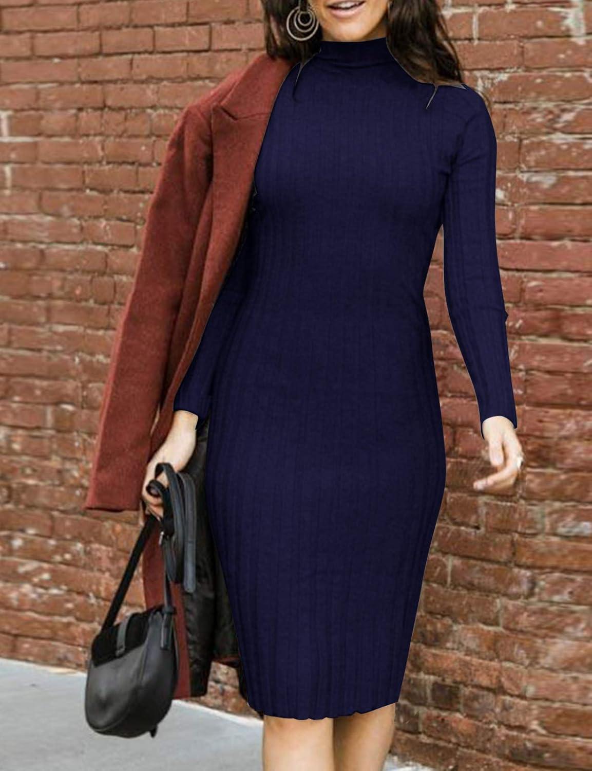imageMEROKEETY Womens Long Sleeve Sweater Dress 2025 High Neck Slim Fit Ribbed Knit Midi Winter DressesNavy