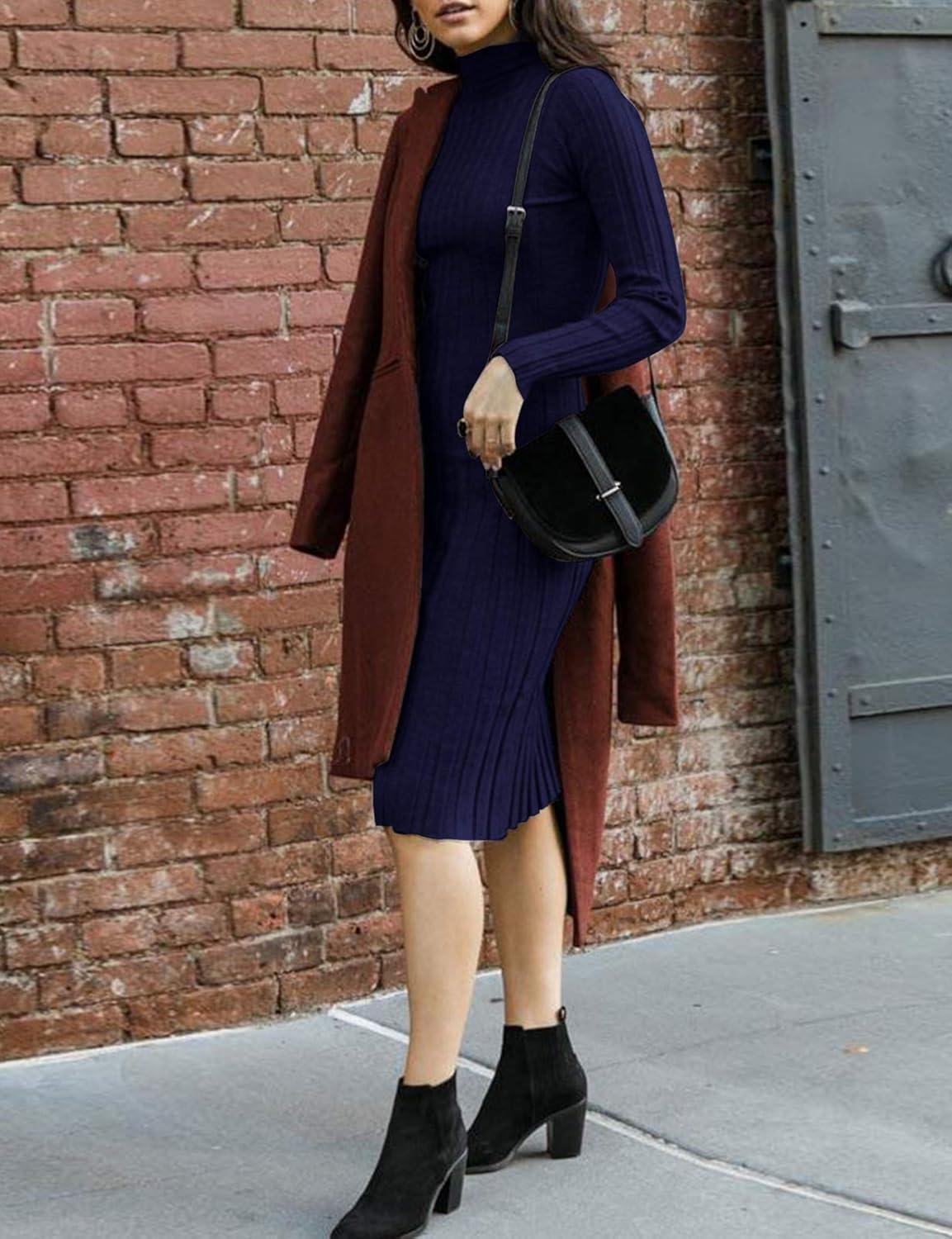 imageMEROKEETY Womens Long Sleeve Sweater Dress 2025 High Neck Slim Fit Ribbed Knit Midi Winter DressesNavy