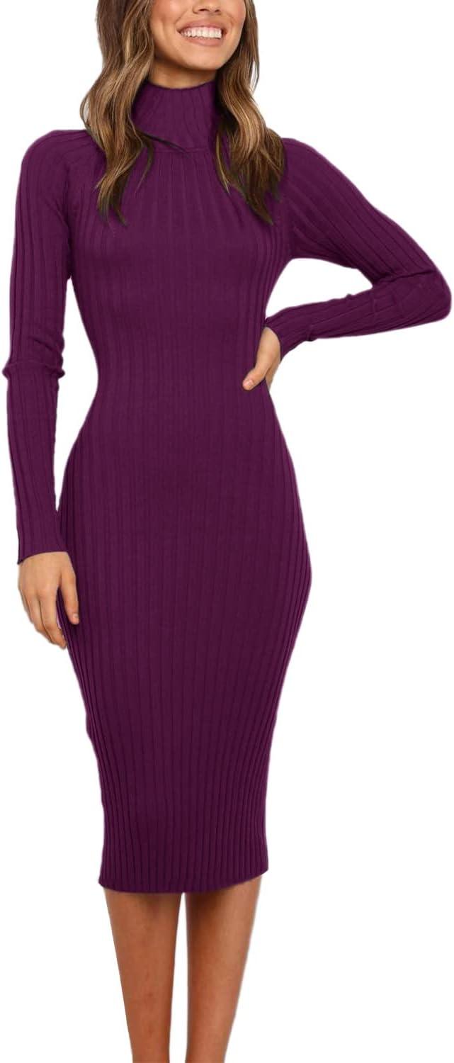 imageMEROKEETY Womens Long Sleeve Sweater Dress 2025 High Neck Slim Fit Ribbed Knit Midi Winter DressesPlum