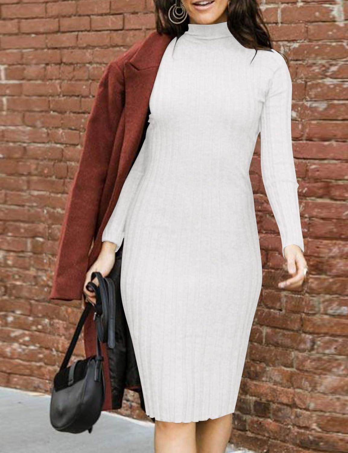 imageMEROKEETY Womens Long Sleeve Sweater Dress 2025 High Neck Slim Fit Ribbed Knit Midi Winter DressesWhite