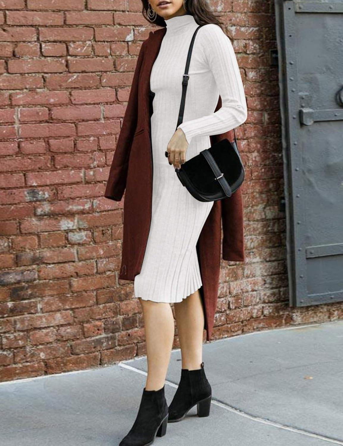 imageMEROKEETY Womens Long Sleeve Sweater Dress 2025 High Neck Slim Fit Ribbed Knit Midi Winter DressesWhite