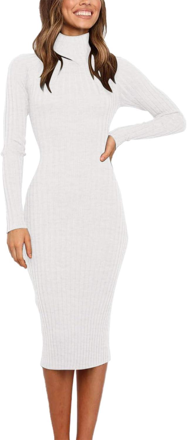 imageMEROKEETY Womens Long Sleeve Sweater Dress 2025 High Neck Slim Fit Ribbed Knit Midi Winter DressesWhite