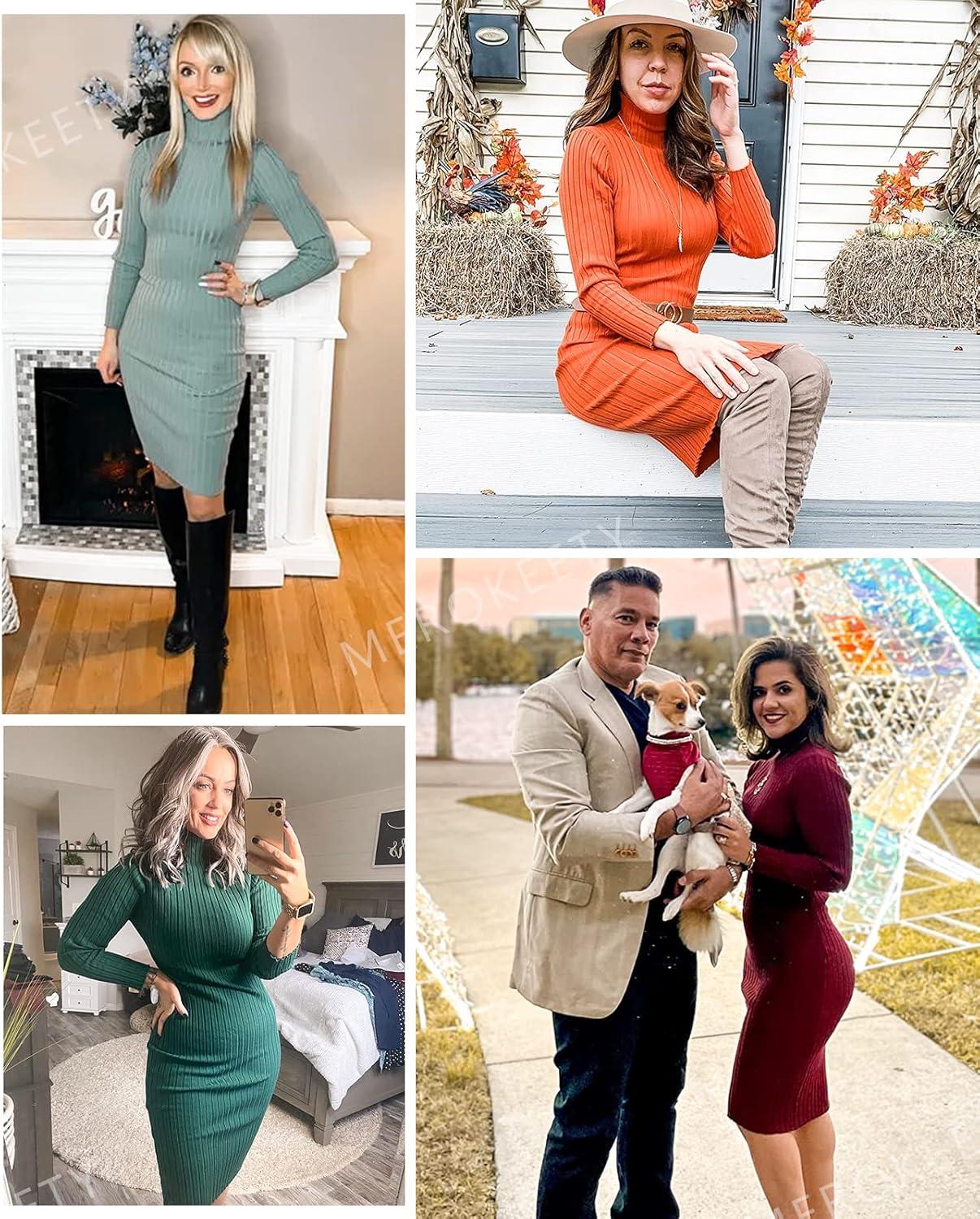 imageMEROKEETY Womens Long Sleeve Sweater Dress 2025 High Neck Slim Fit Ribbed Knit Midi Winter DressesWine