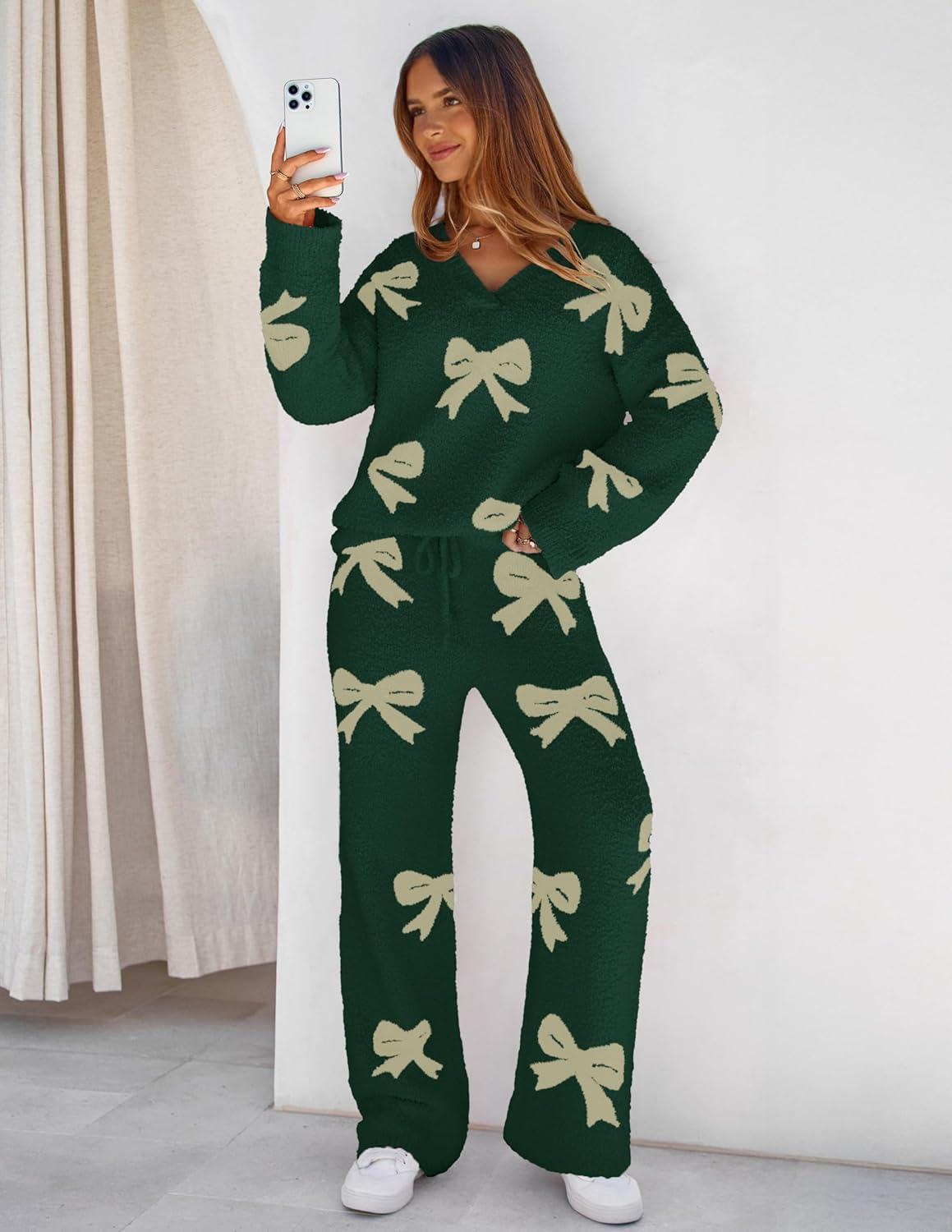 imageMEROKEETY Womens Lounge Sets 2026 Fall Fashion 2 Piece Outfits Sweater Pajama Set Fuzzy Loungewear Matching Winter ClothesBowgreen