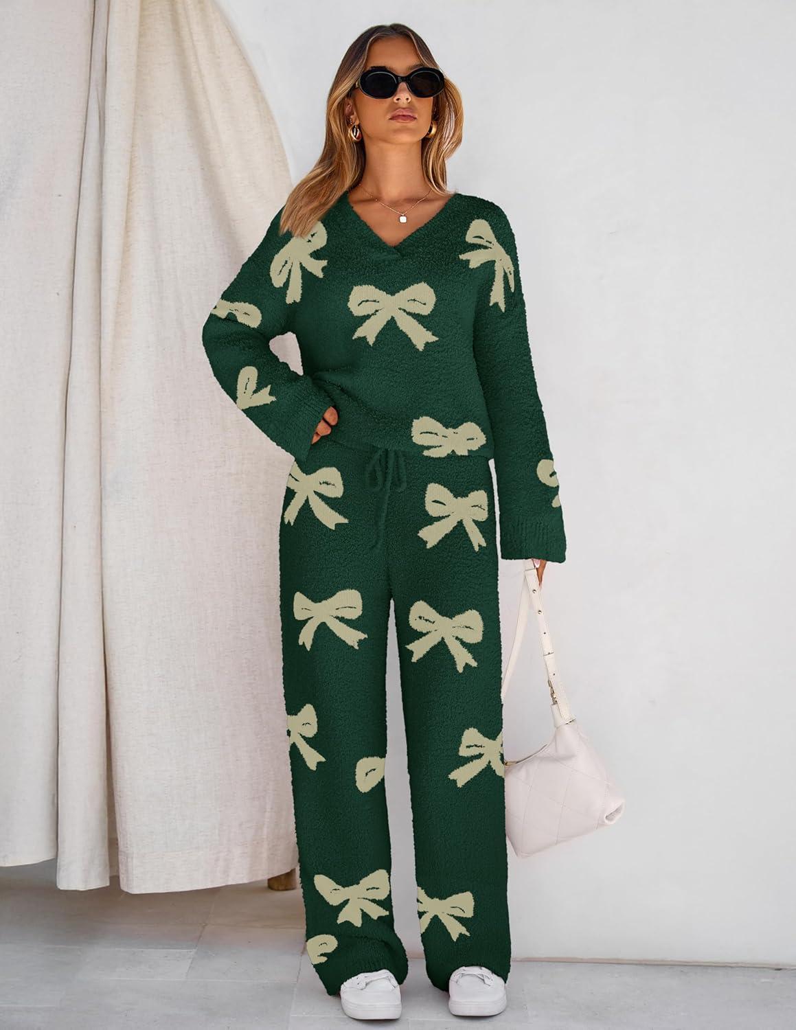 imageMEROKEETY Womens Lounge Sets 2026 Fall Fashion 2 Piece Outfits Sweater Pajama Set Fuzzy Loungewear Matching Winter ClothesBowgreen