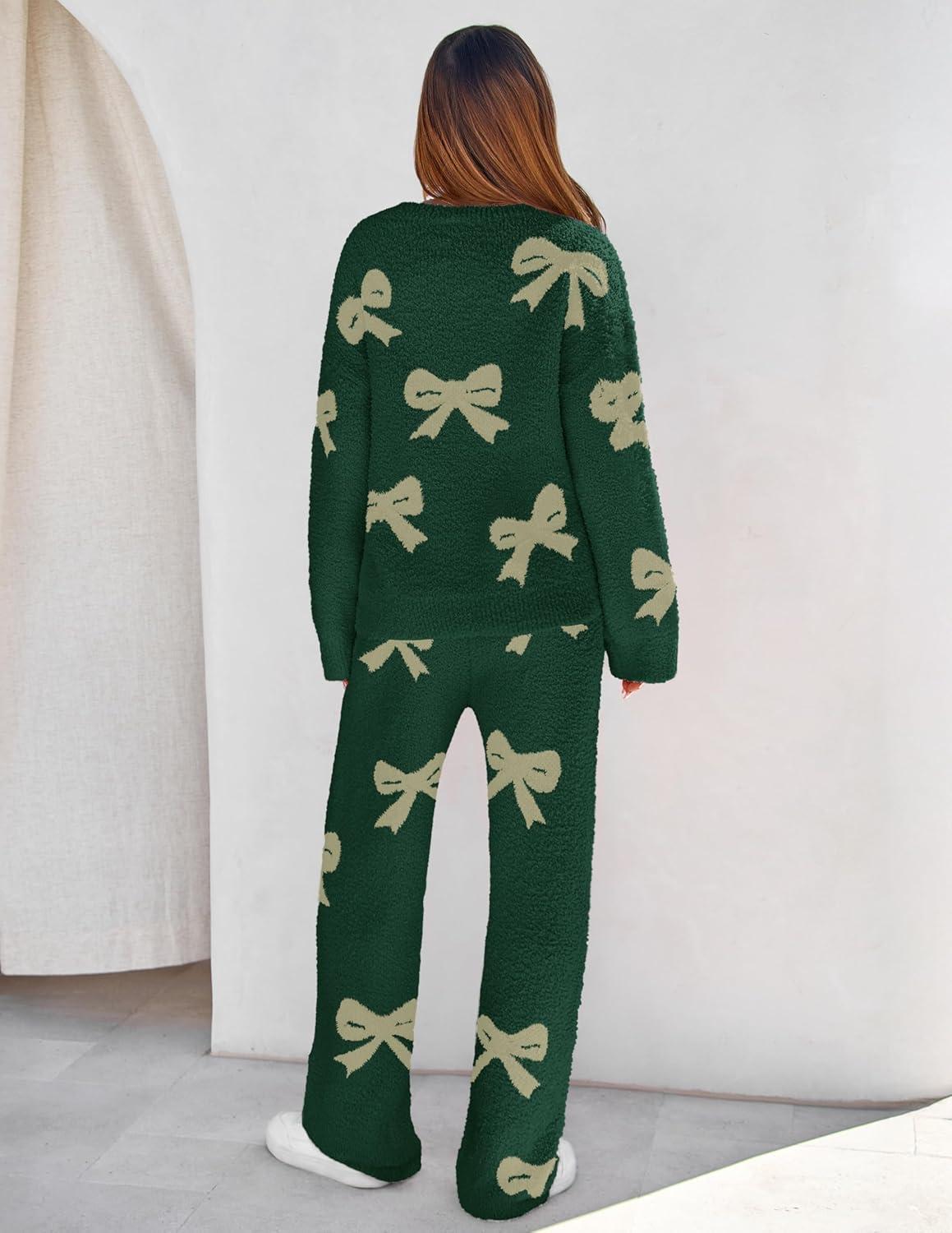imageMEROKEETY Womens Lounge Sets 2026 Fall Fashion 2 Piece Outfits Sweater Pajama Set Fuzzy Loungewear Matching Winter ClothesBowgreen