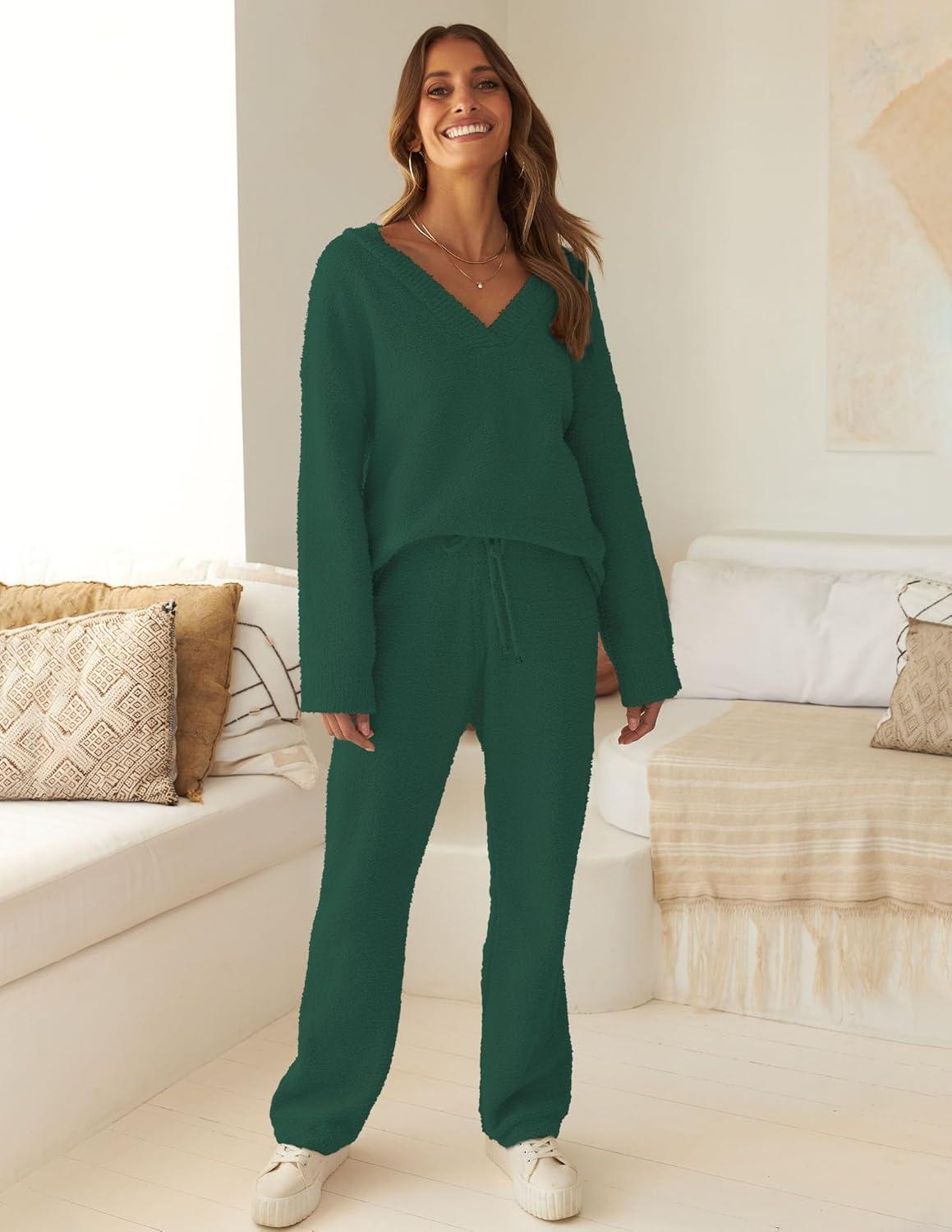 imageMEROKEETY Womens Lounge Sets 2026 Fall Fashion 2 Piece Outfits Sweater Pajama Set Fuzzy Loungewear Matching Winter ClothesGreen