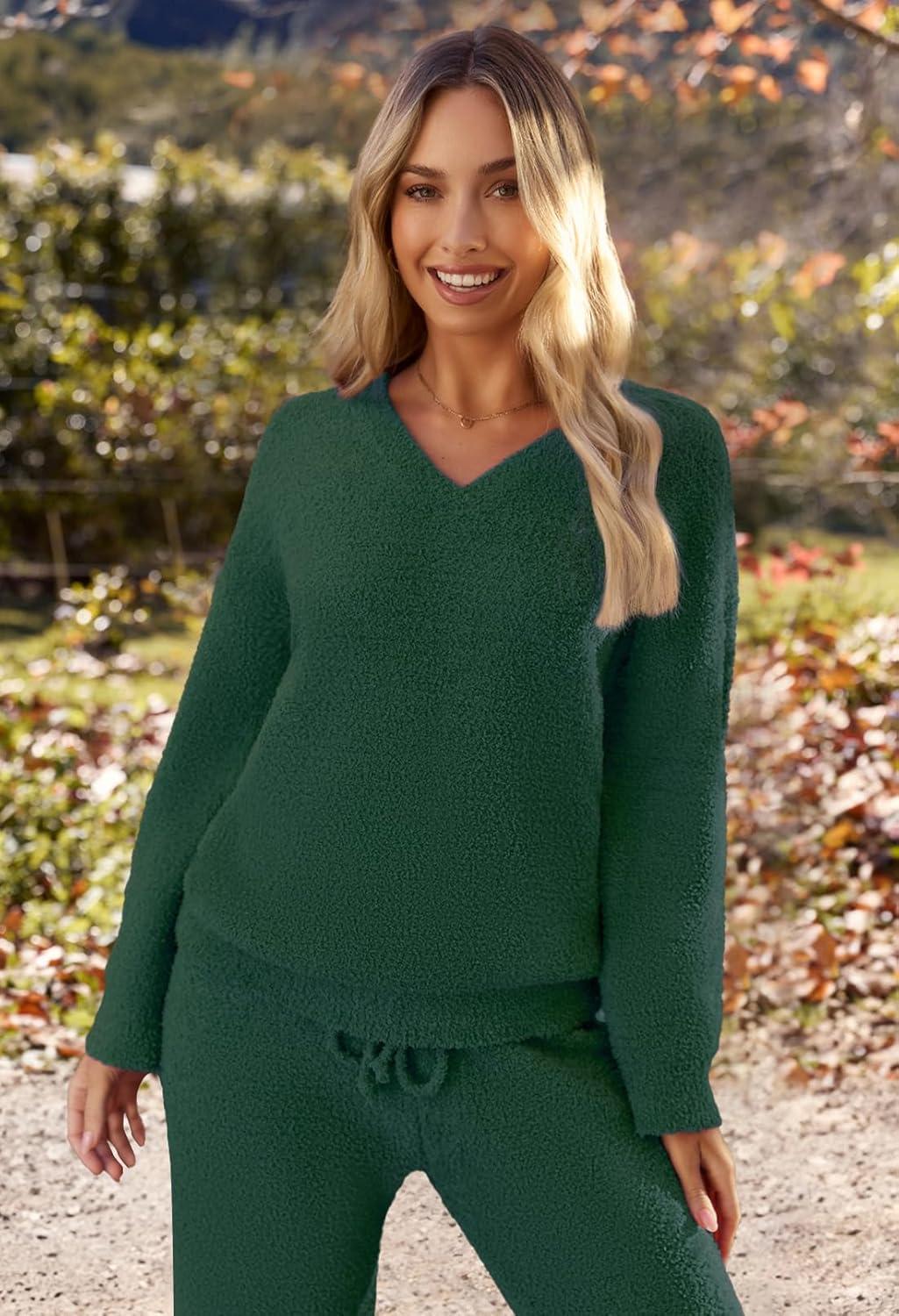 imageMEROKEETY Womens Lounge Sets 2026 Fall Fashion 2 Piece Outfits Sweater Pajama Set Fuzzy Loungewear Matching Winter ClothesGreen