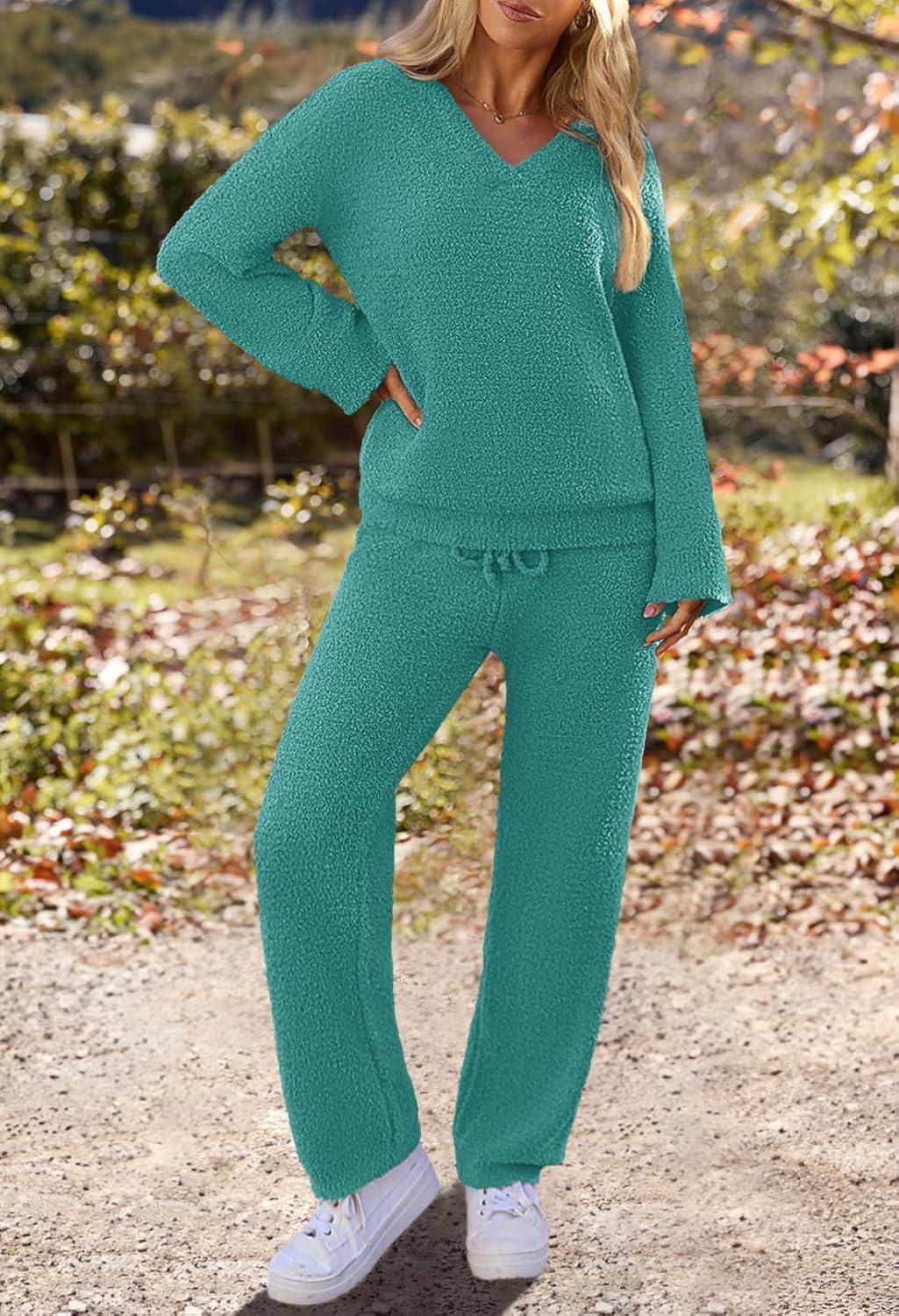 imageMEROKEETY Womens Lounge Sets 2026 Fall Fashion 2 Piece Outfits Sweater Pajama Set Fuzzy Loungewear Matching Winter ClothesLakeblue