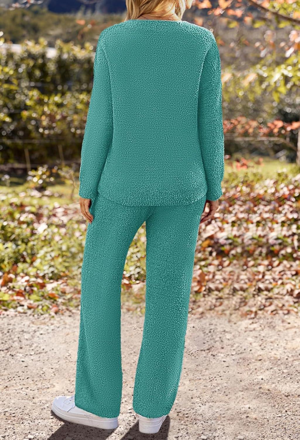 imageMEROKEETY Womens Lounge Sets 2026 Fall Fashion 2 Piece Outfits Sweater Pajama Set Fuzzy Loungewear Matching Winter ClothesLakeblue