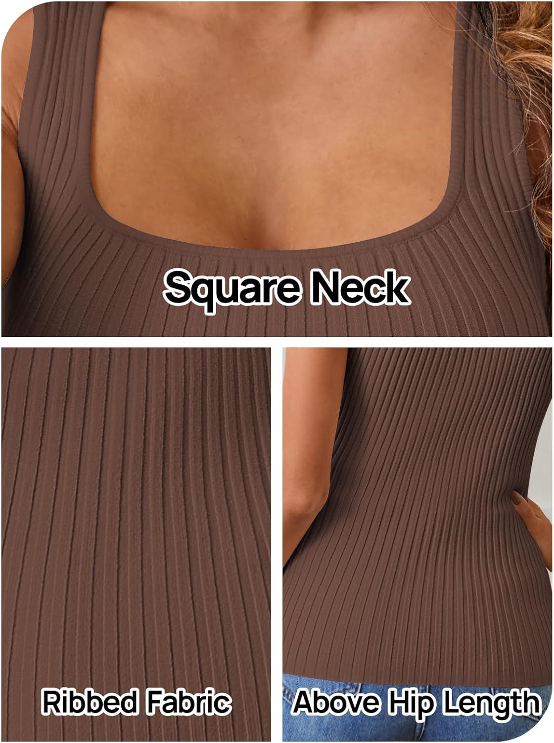 imageMEROKEETY Womens Ribbed Knit Tank Tops 2026 Square Neck Sleeveless Summer Basic Shirts Sweater VestCoffee