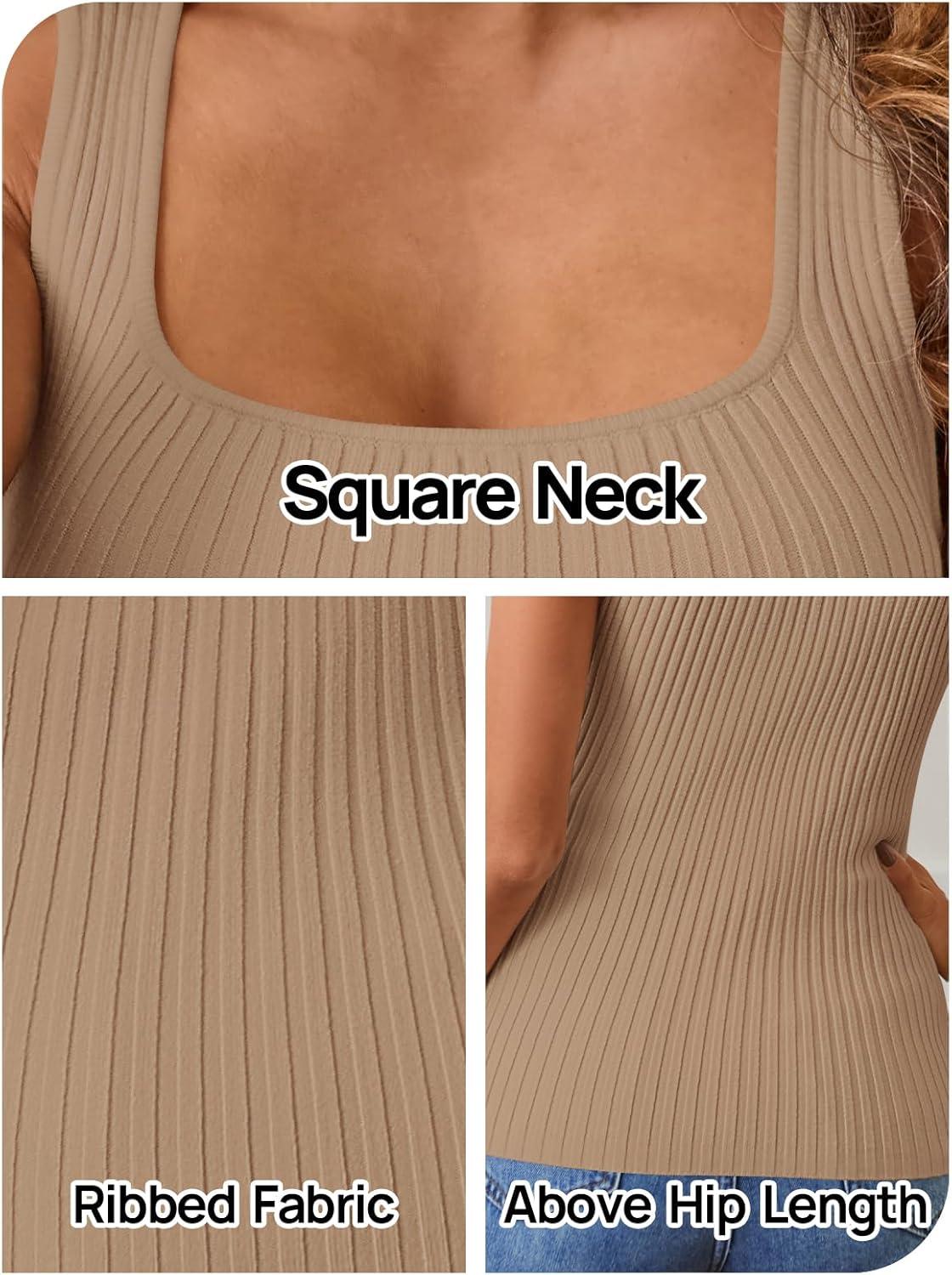 imageMEROKEETY Womens Ribbed Knit Tank Tops 2026 Square Neck Sleeveless Summer Basic Shirts Sweater VestKhaki
