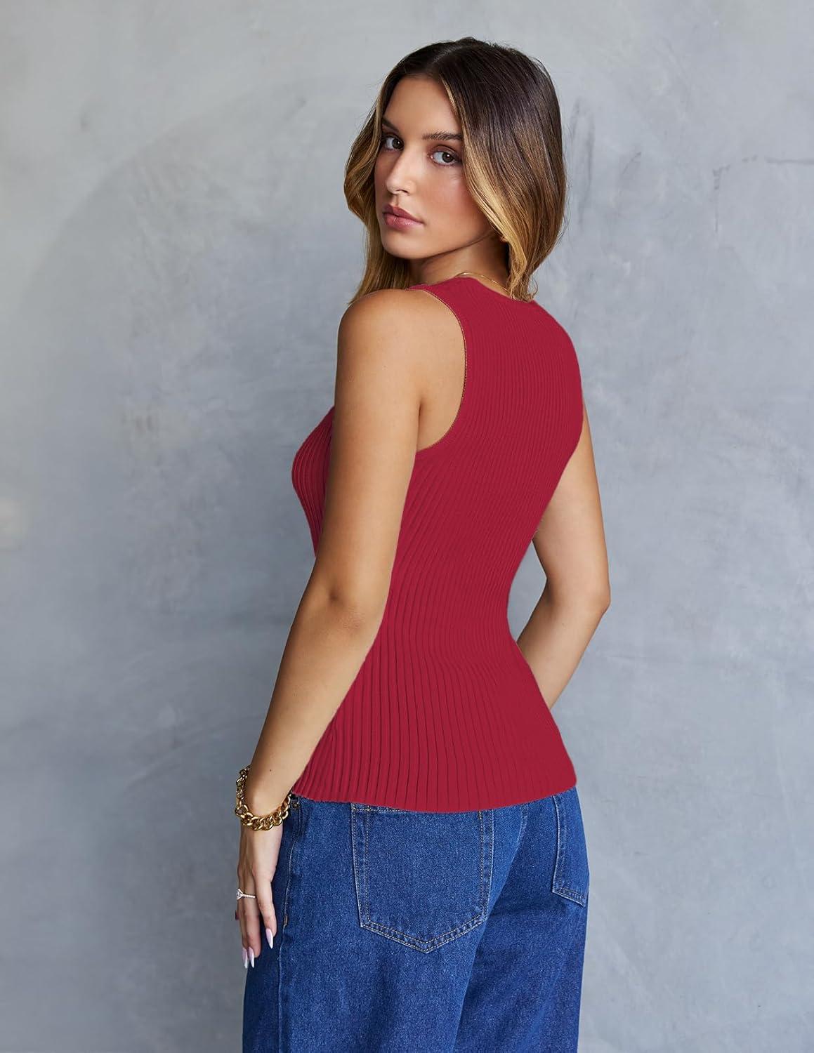imageMEROKEETY Womens Ribbed Knit Tank Tops 2026 Square Neck Sleeveless Summer Basic Shirts Sweater VestRed