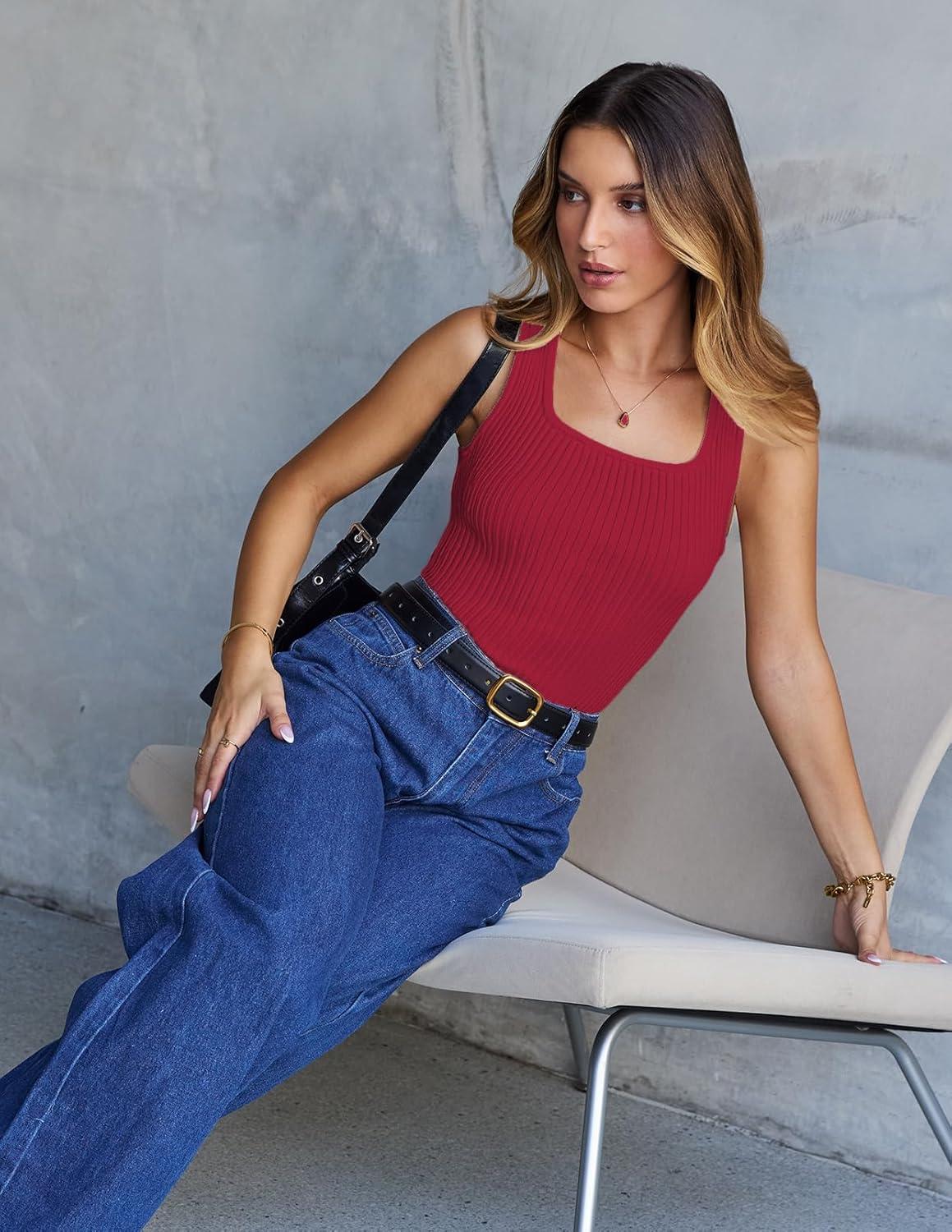 imageMEROKEETY Womens Ribbed Knit Tank Tops 2026 Square Neck Sleeveless Summer Basic Shirts Sweater VestRed