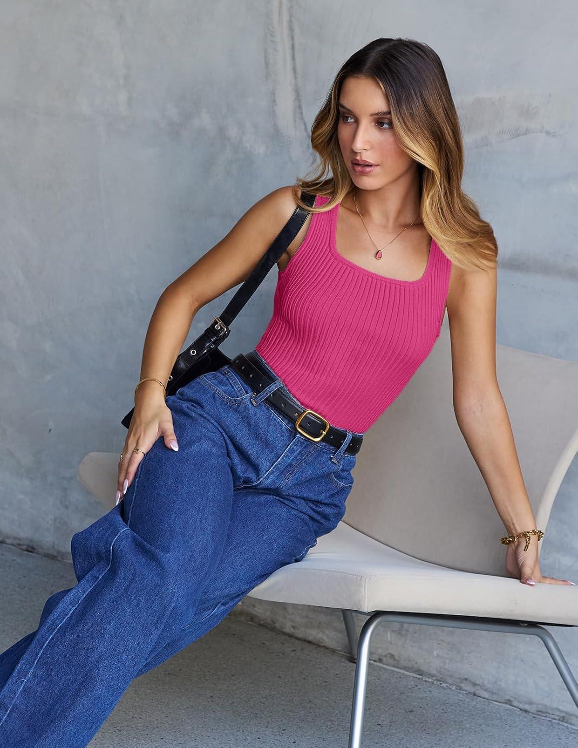 imageMEROKEETY Womens Ribbed Knit Tank Tops 2026 Square Neck Sleeveless Summer Basic Shirts Sweater VestRose