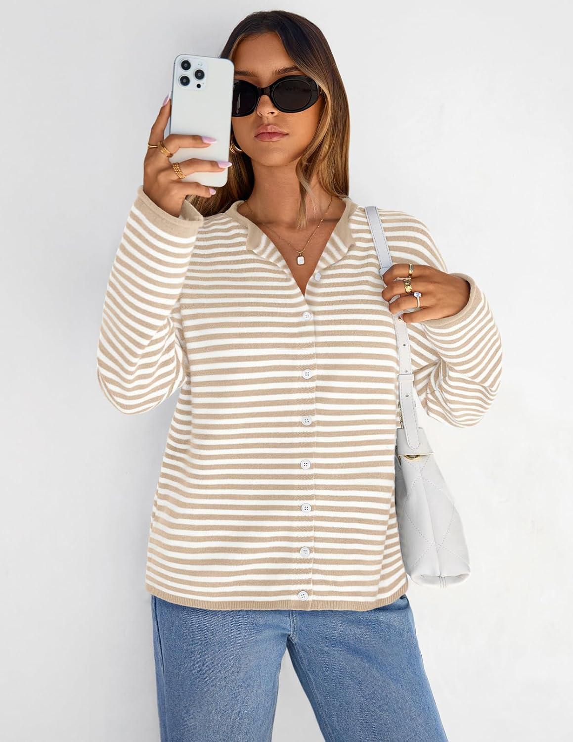 imageMEROKEETY Womens Striped Cardigan Sweaters 2026 Button Lightweight Long Sleeve Loose Knit Fall Sweater ClothesBeige
