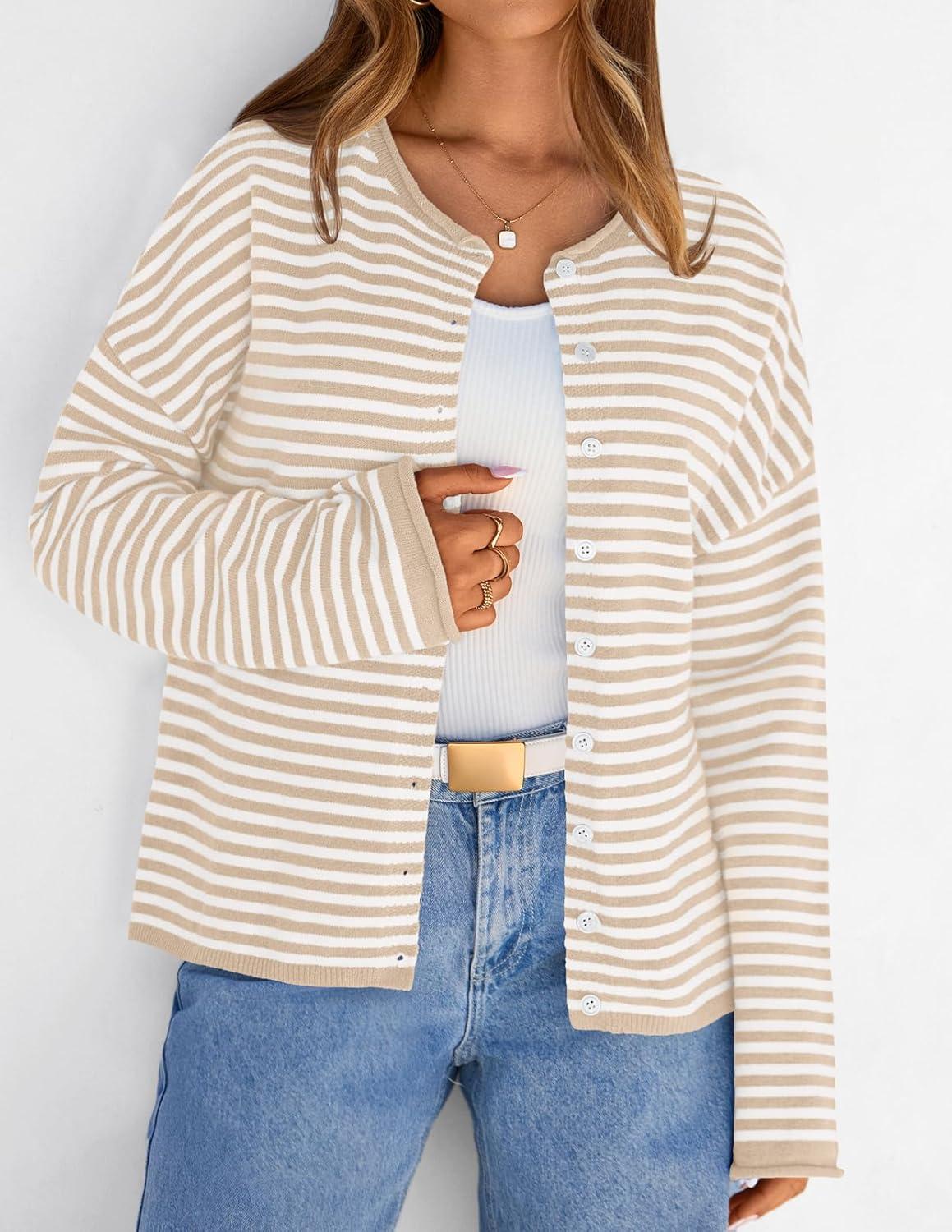 imageMEROKEETY Womens Striped Cardigan Sweaters 2026 Button Lightweight Long Sleeve Loose Knit Fall Sweater ClothesBeige