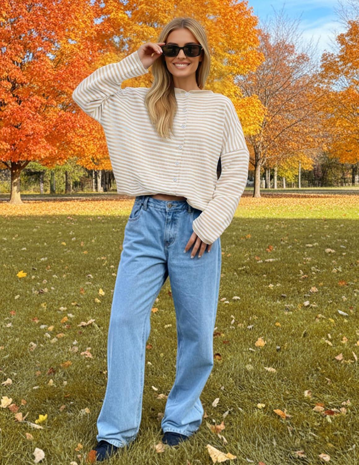 imageMEROKEETY Womens Striped Cardigan Sweaters 2026 Button Lightweight Long Sleeve Loose Knit Fall Sweater ClothesBeige