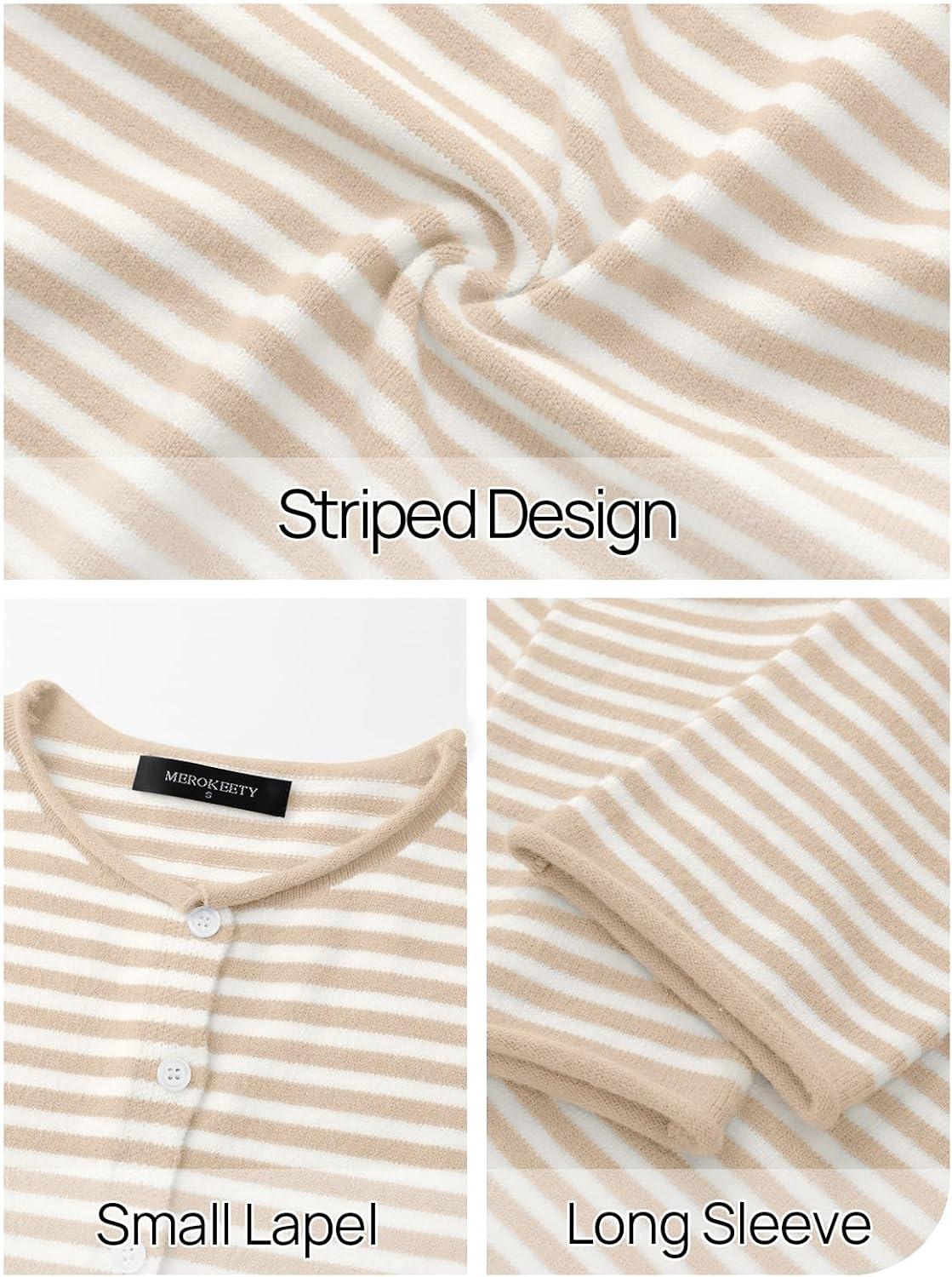 imageMEROKEETY Womens Striped Cardigan Sweaters 2026 Button Lightweight Long Sleeve Loose Knit Fall Sweater ClothesBeige