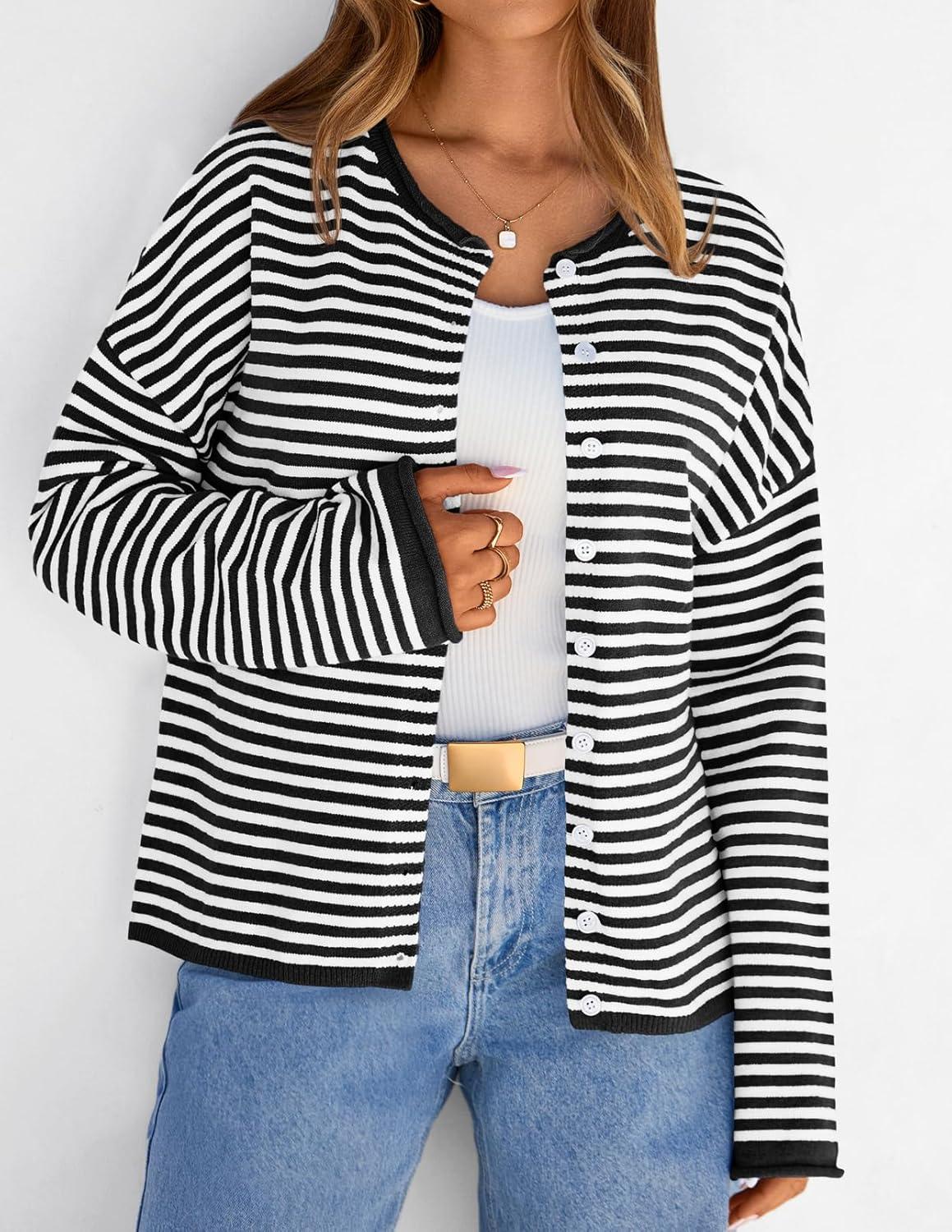 imageMEROKEETY Womens Striped Cardigan Sweaters 2026 Button Lightweight Long Sleeve Loose Knit Fall Sweater ClothesBlack