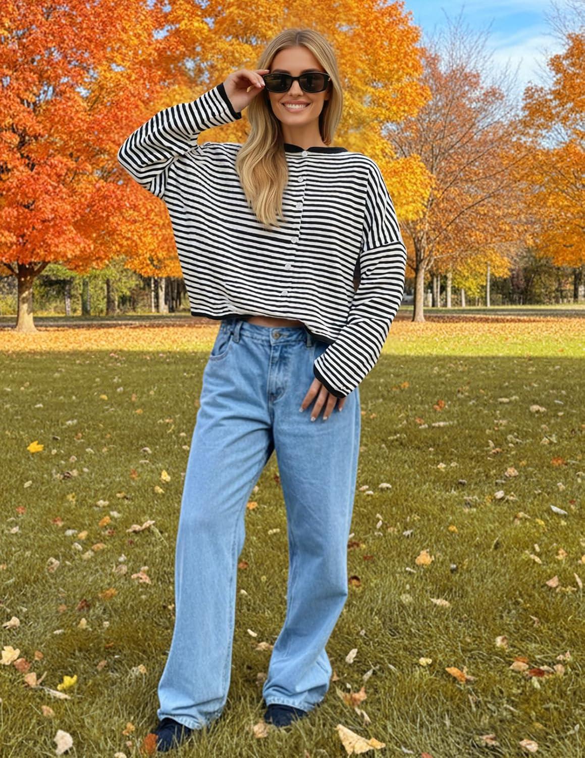 imageMEROKEETY Womens Striped Cardigan Sweaters 2026 Button Lightweight Long Sleeve Loose Knit Fall Sweater ClothesBlack