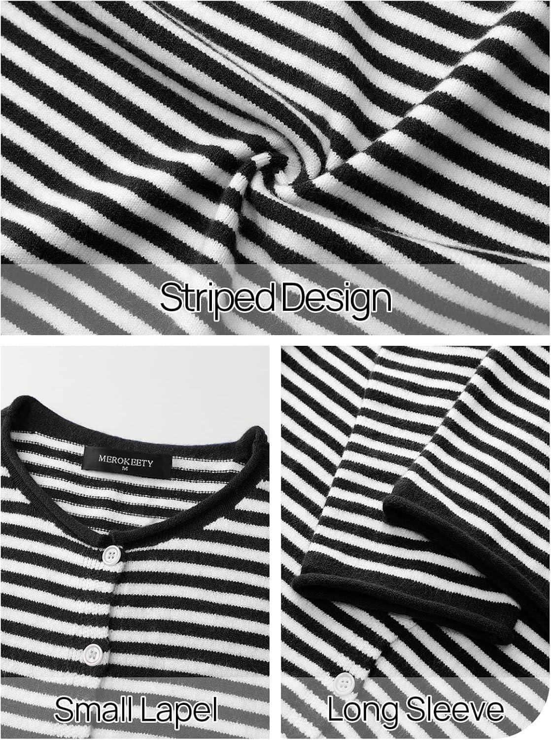 imageMEROKEETY Womens Striped Cardigan Sweaters 2026 Button Lightweight Long Sleeve Loose Knit Fall Sweater ClothesBlack