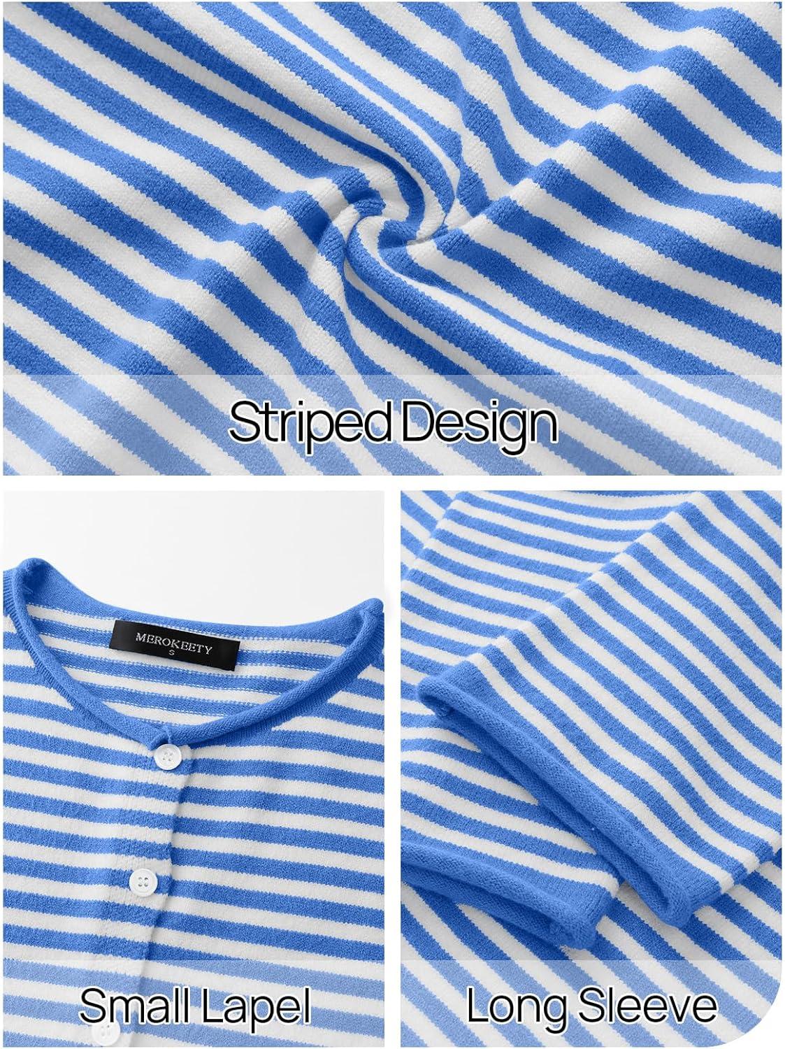 imageMEROKEETY Womens Striped Cardigan Sweaters 2026 Button Lightweight Long Sleeve Loose Knit Fall Sweater ClothesBlue