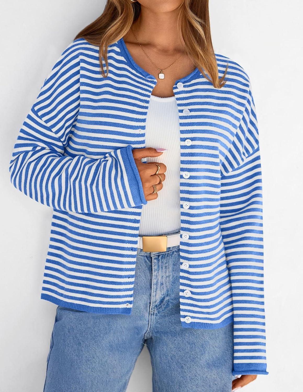imageMEROKEETY Womens Striped Cardigan Sweaters 2026 Button Lightweight Long Sleeve Loose Knit Fall Sweater ClothesBlue