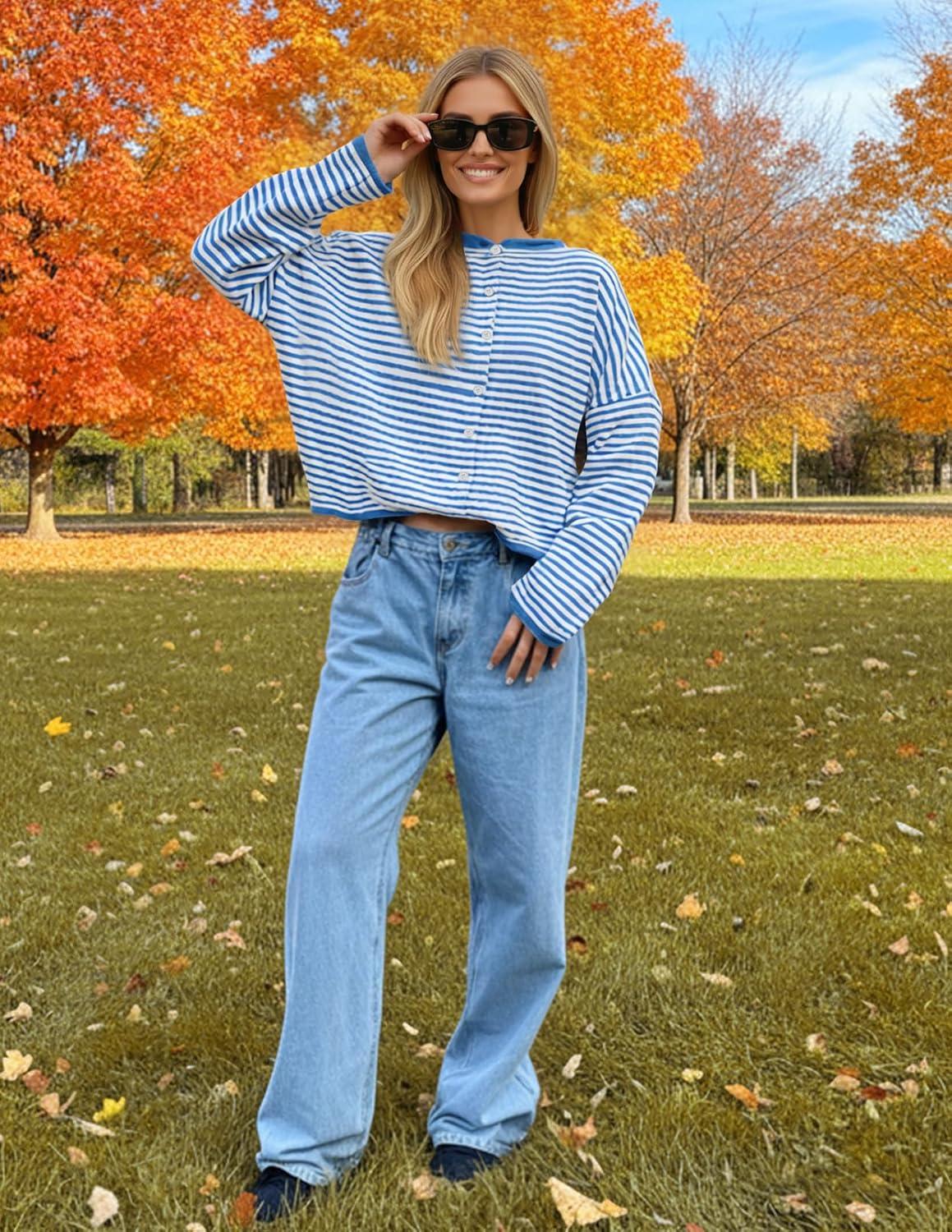 imageMEROKEETY Womens Striped Cardigan Sweaters 2026 Button Lightweight Long Sleeve Loose Knit Fall Sweater ClothesBlue