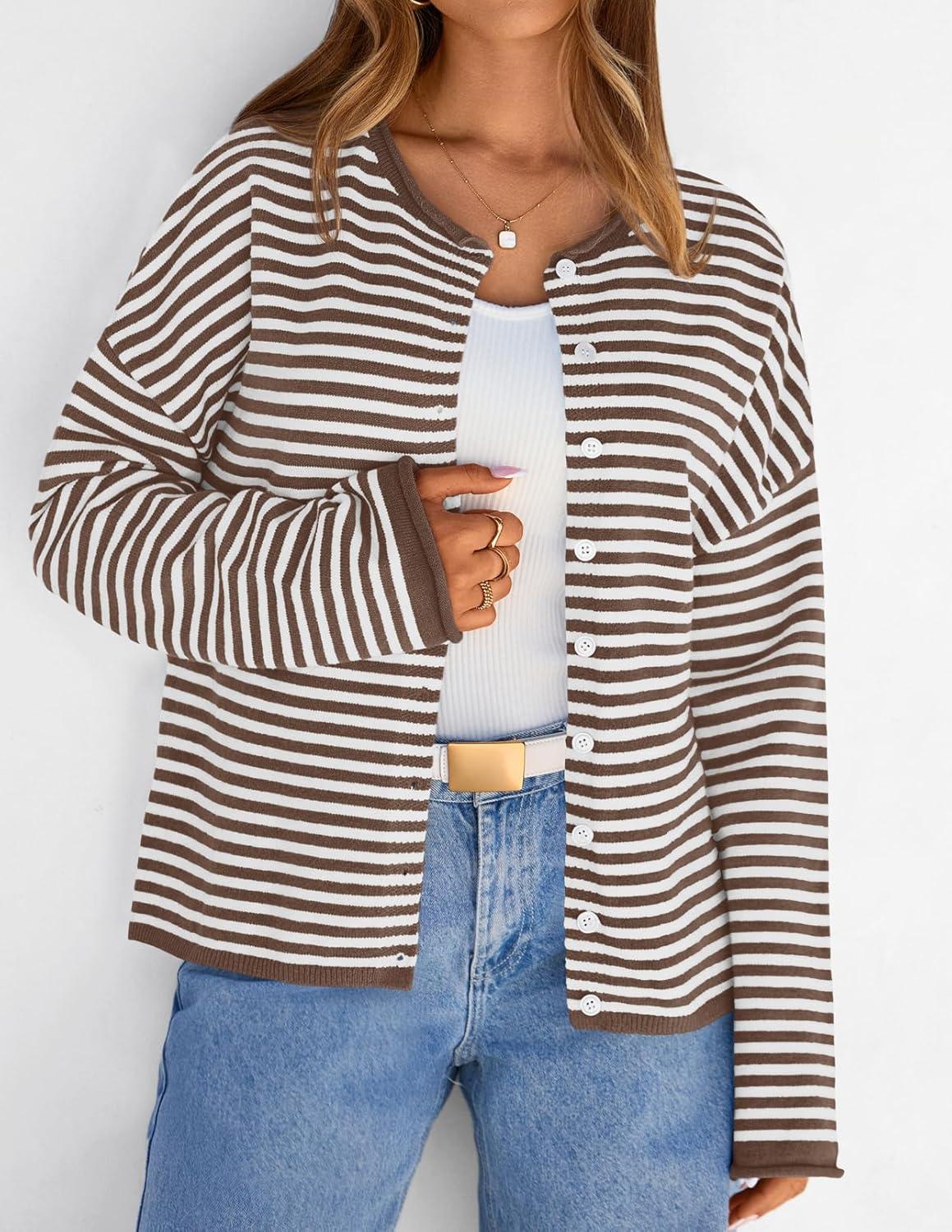 imageMEROKEETY Womens Striped Cardigan Sweaters 2026 Button Lightweight Long Sleeve Loose Knit Fall Sweater ClothesBrown
